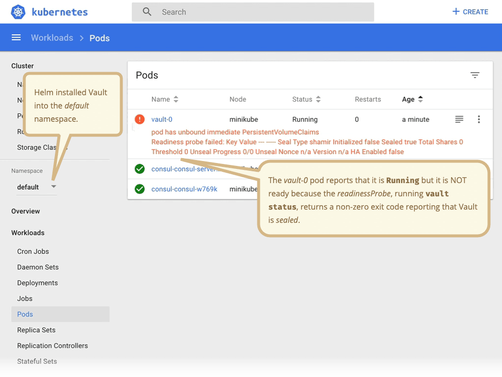Minikube dashboard showing sealed Vault pod