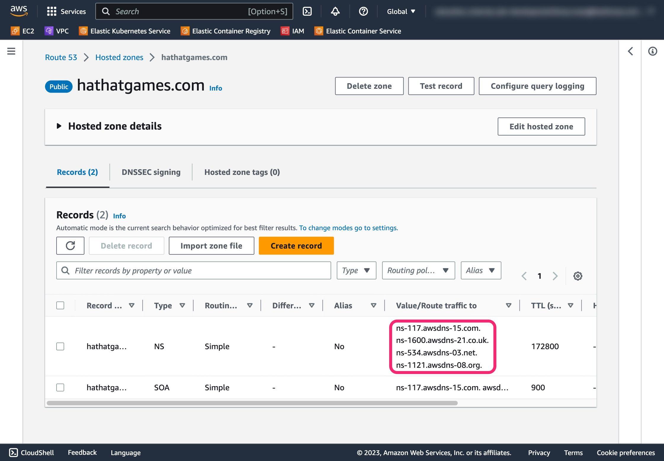 AWS console page highlighing the name servers of the hosted zone